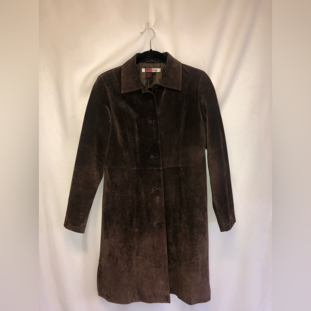 Live A Little brown, long coat. Lining- nylon, shell-leather, size Small